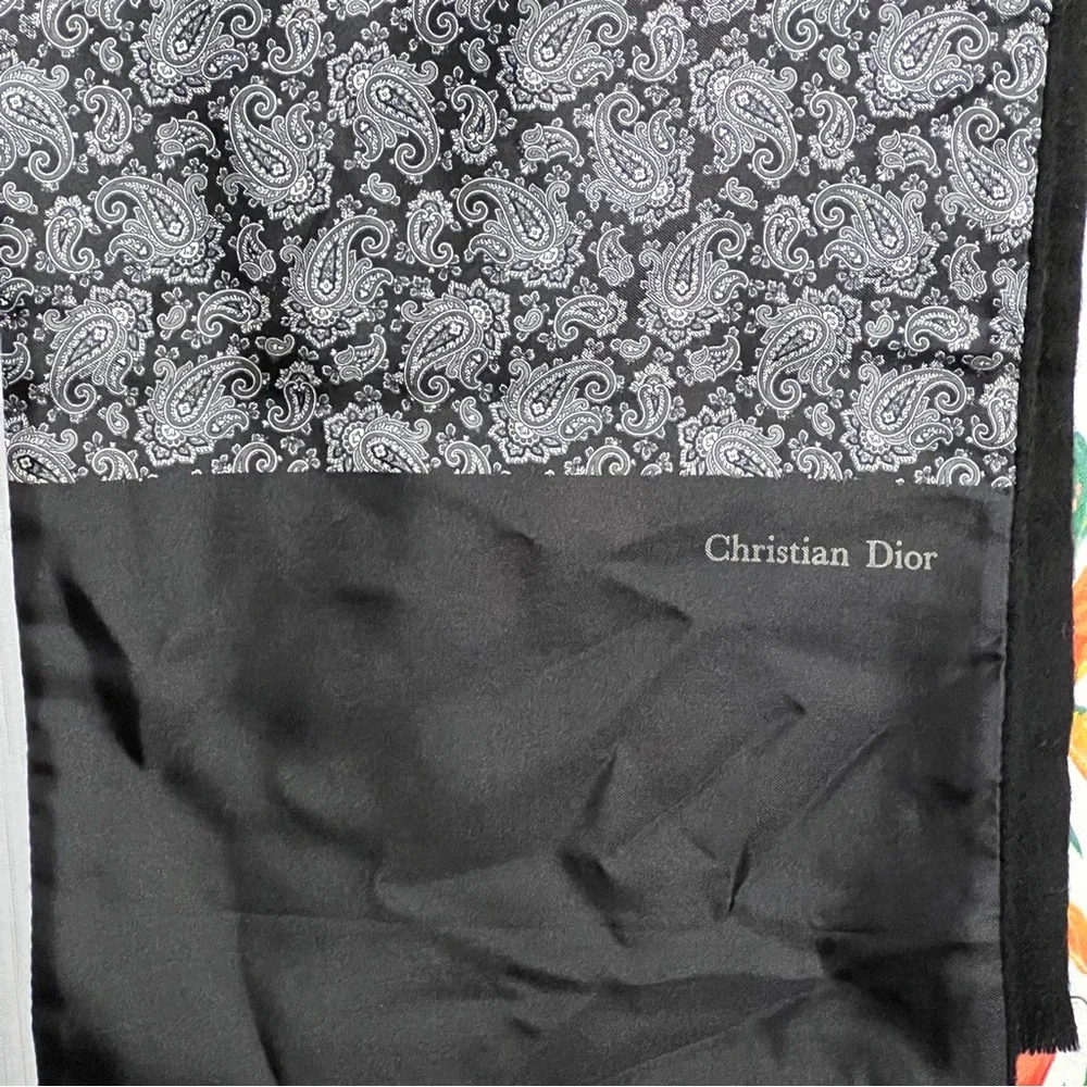 Christian Dior Black and Silver Paisley Pattern Scarf 55